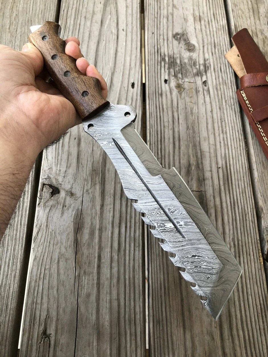 Sawback Reverse Tanto Knife with Twist Pattern Blade & Walnut Handle