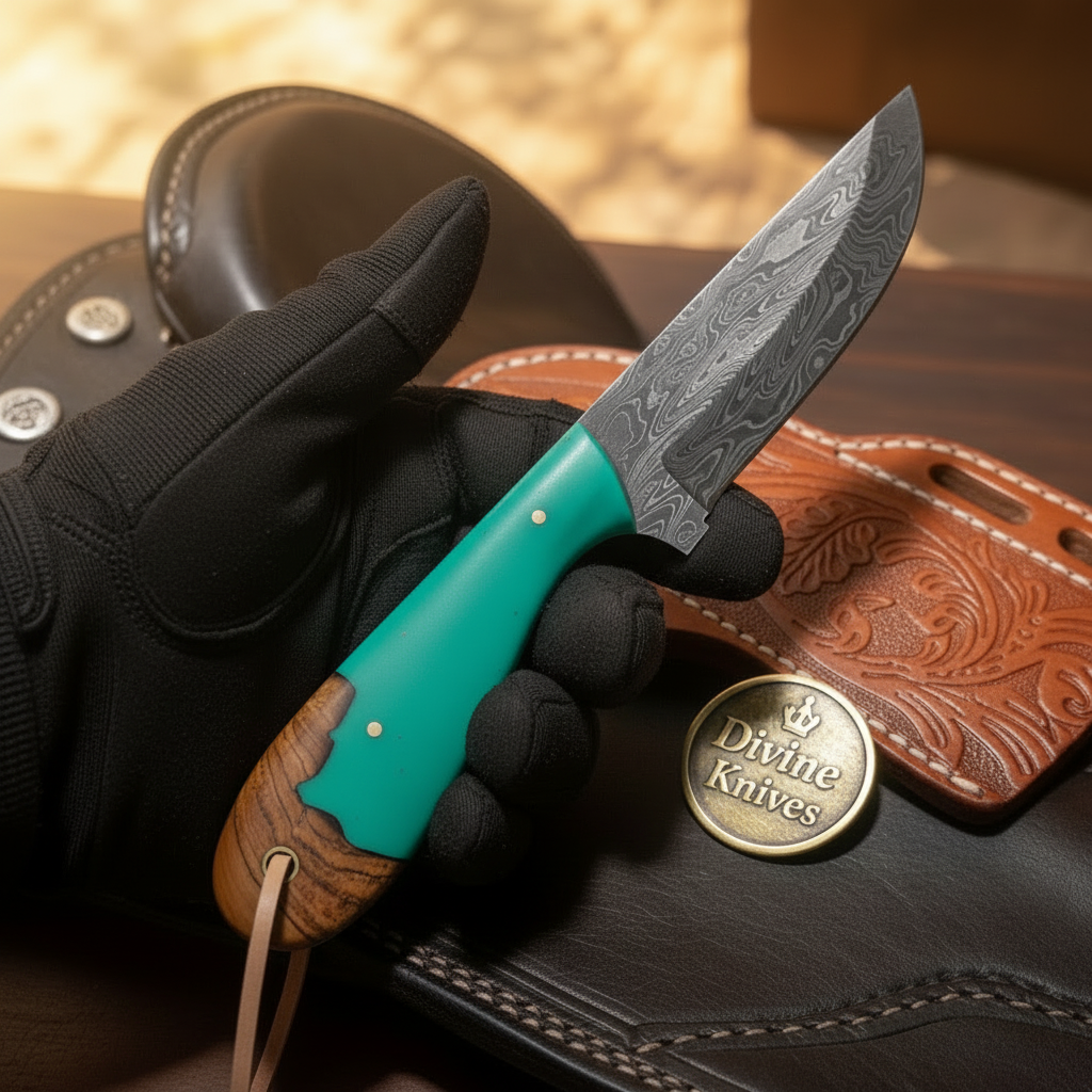 Green Turquoise Wood Drop Point Skinner – Durable for Hunting