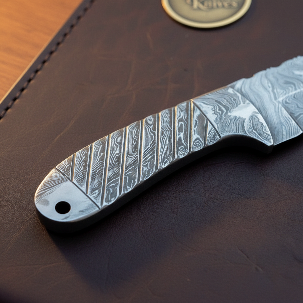 Skeleton Handle Skinning Knife with One Piece Forged Body and Fan Stamped Leather Sheath