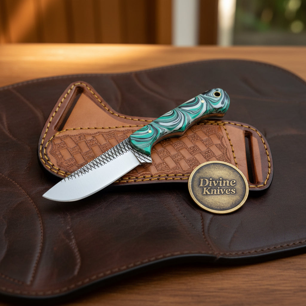 Green Swirl Resin Rasp Cowboy Knife with Clip Point Blade