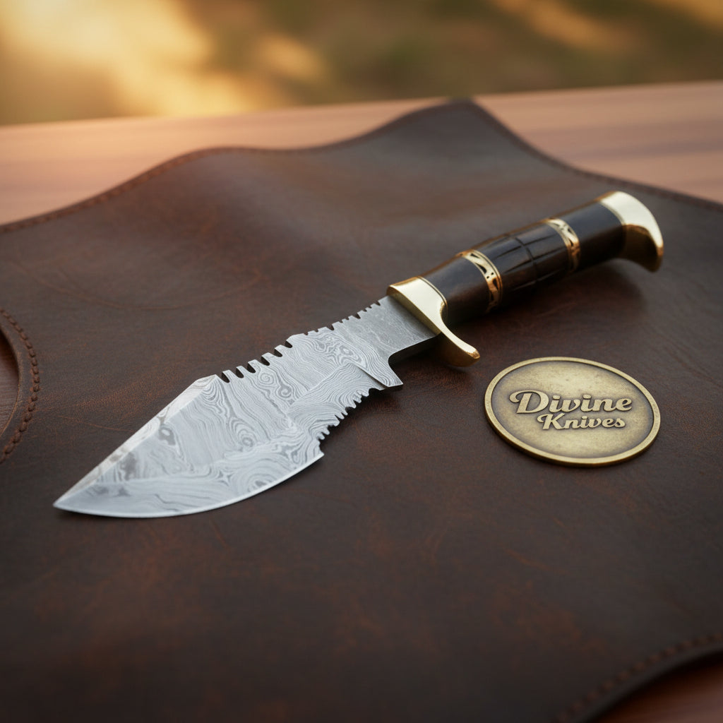 Brass Inlay Sawback Skinner with Banded Hardwood Handle and Snap Close Leather Sheath
