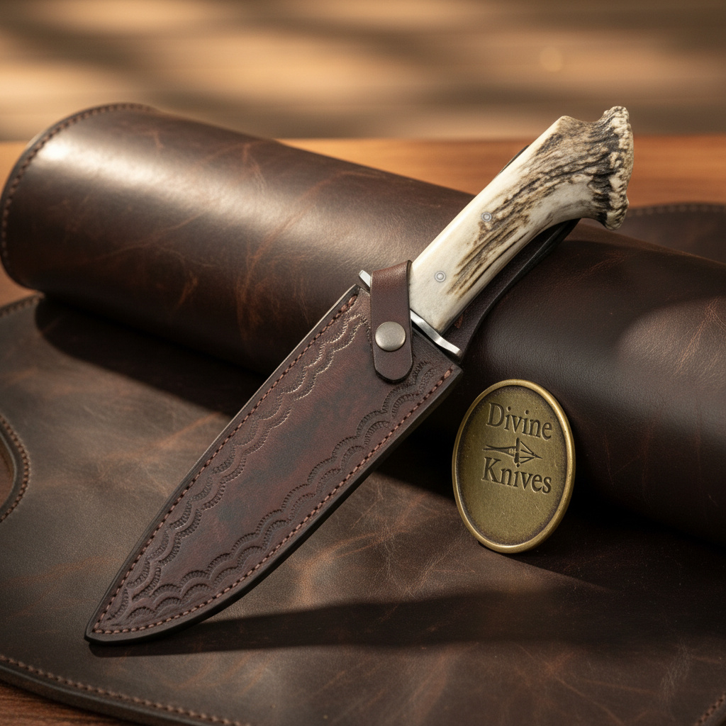 Crown Stag Hammered Crossguard Bowie Knife with Natural Antler Handle
