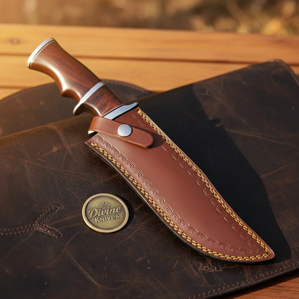 Walnut Handle Clip Point Bowie Knife with Fullered Layered Blade and Tooled Leather Sheath