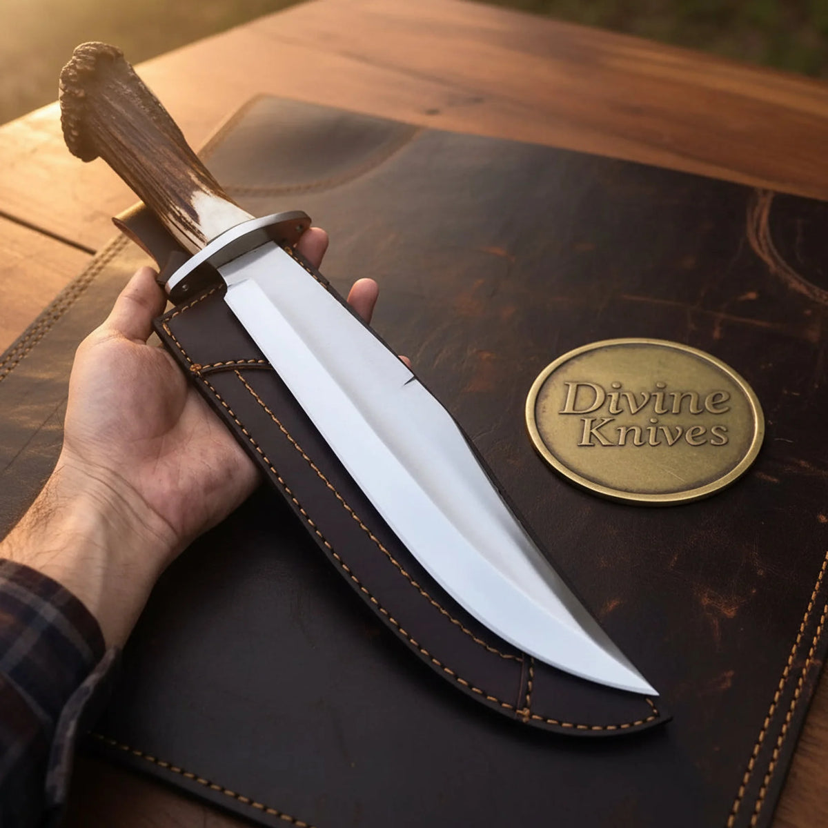 Crown Stag Antler Bowie Knife with Large Mirror Clip Point Blade and Leather Sheath