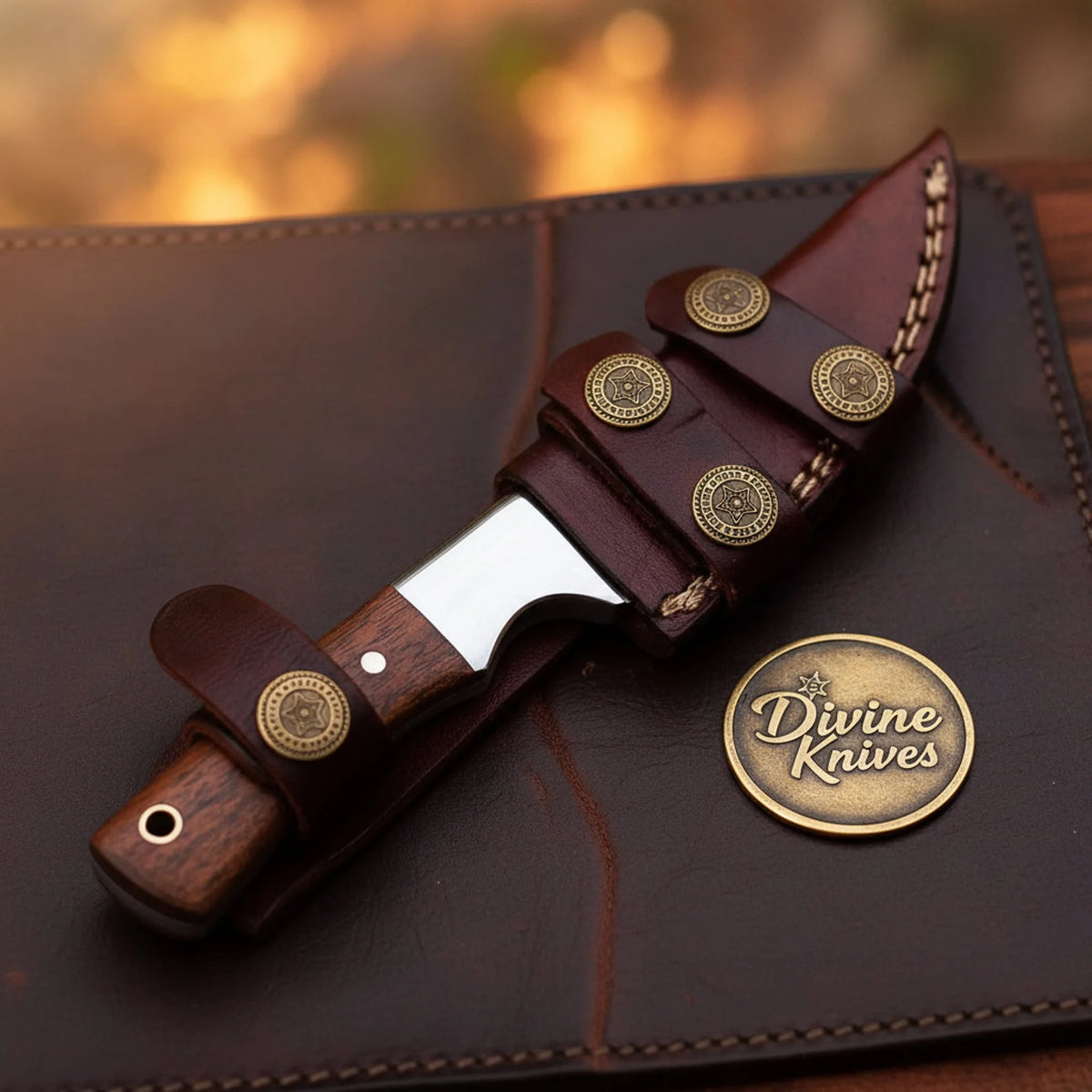 Walnut Drop Point Bushcraft Knife with Wood Handle and Jimping