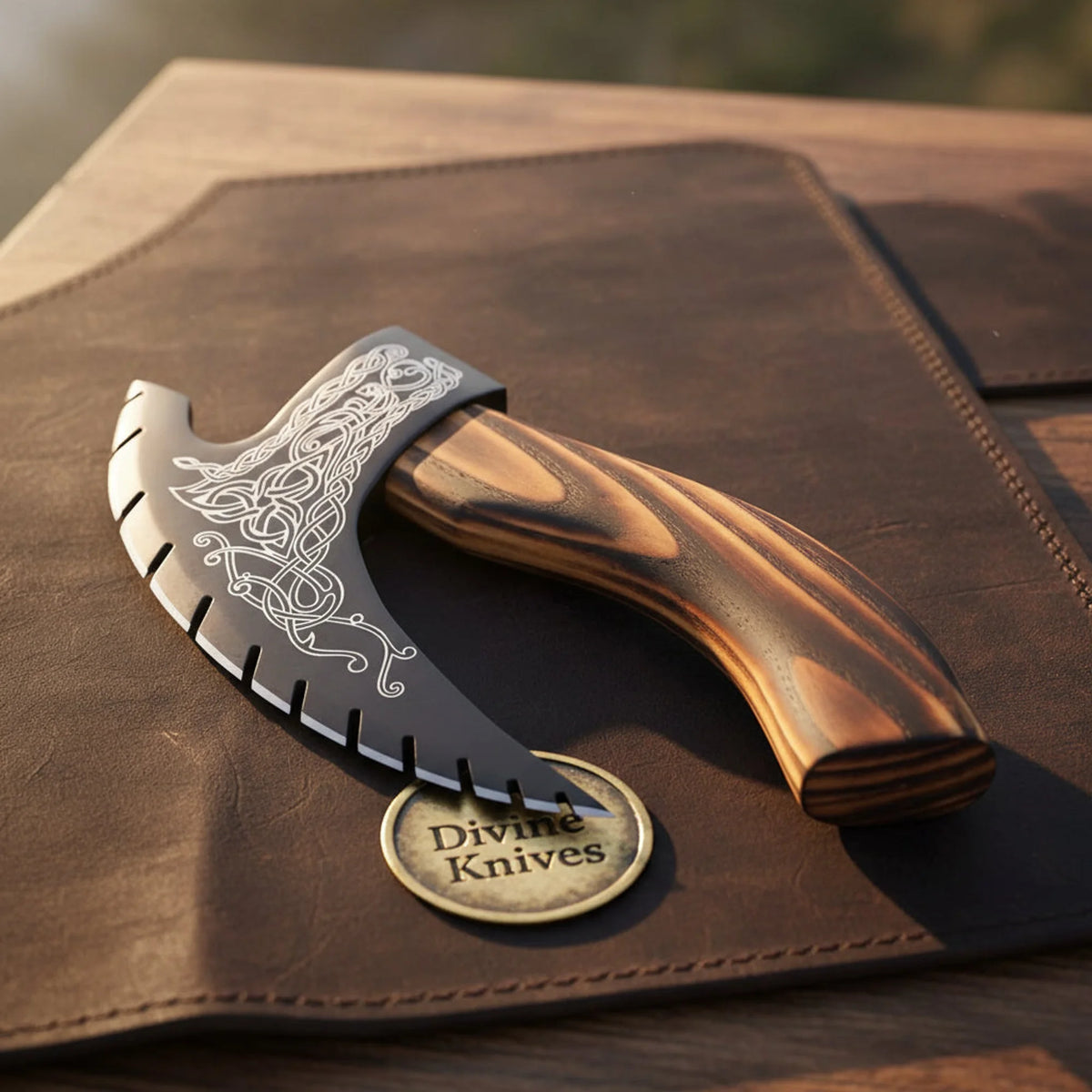 Forged Celtic Viking Pizza Axe with Knotwork Engraving and Wood Handle