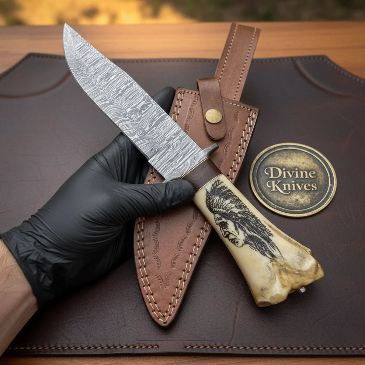 Inkbone Damascus Scrimshaw Bone Bowie with Tooled Leather Sheath