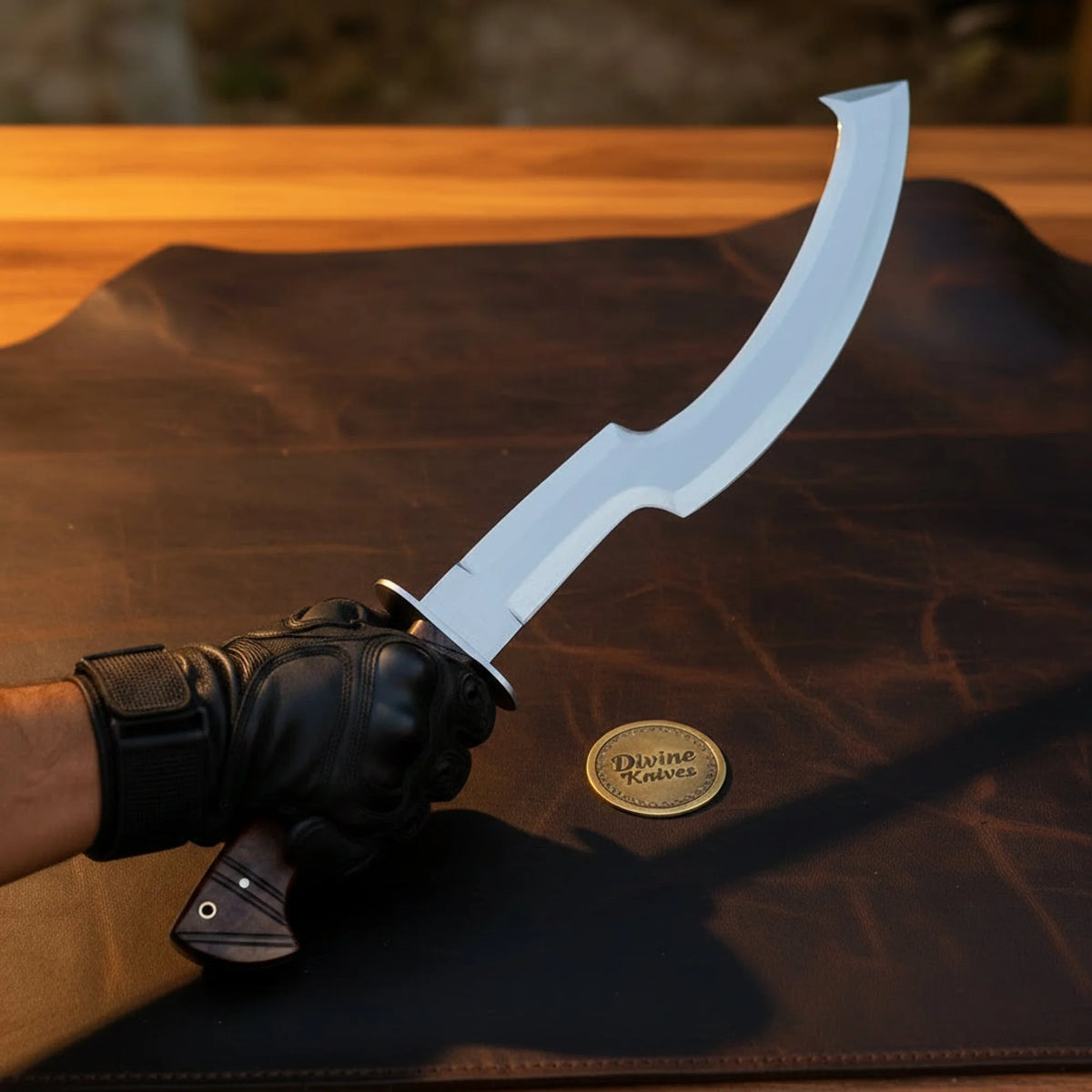 Polished Egyptian Khopesh Sword with Wood Handle and Leather Sheath