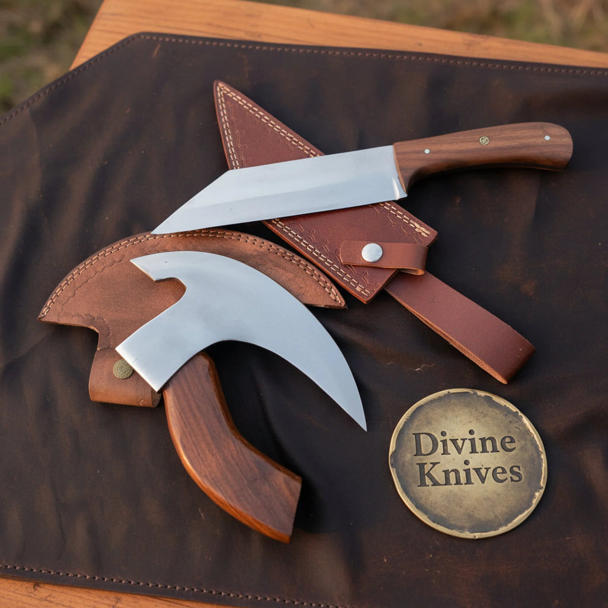 Pizza Hatchet & Santoku Knife Set with Matching Hardwood Handles