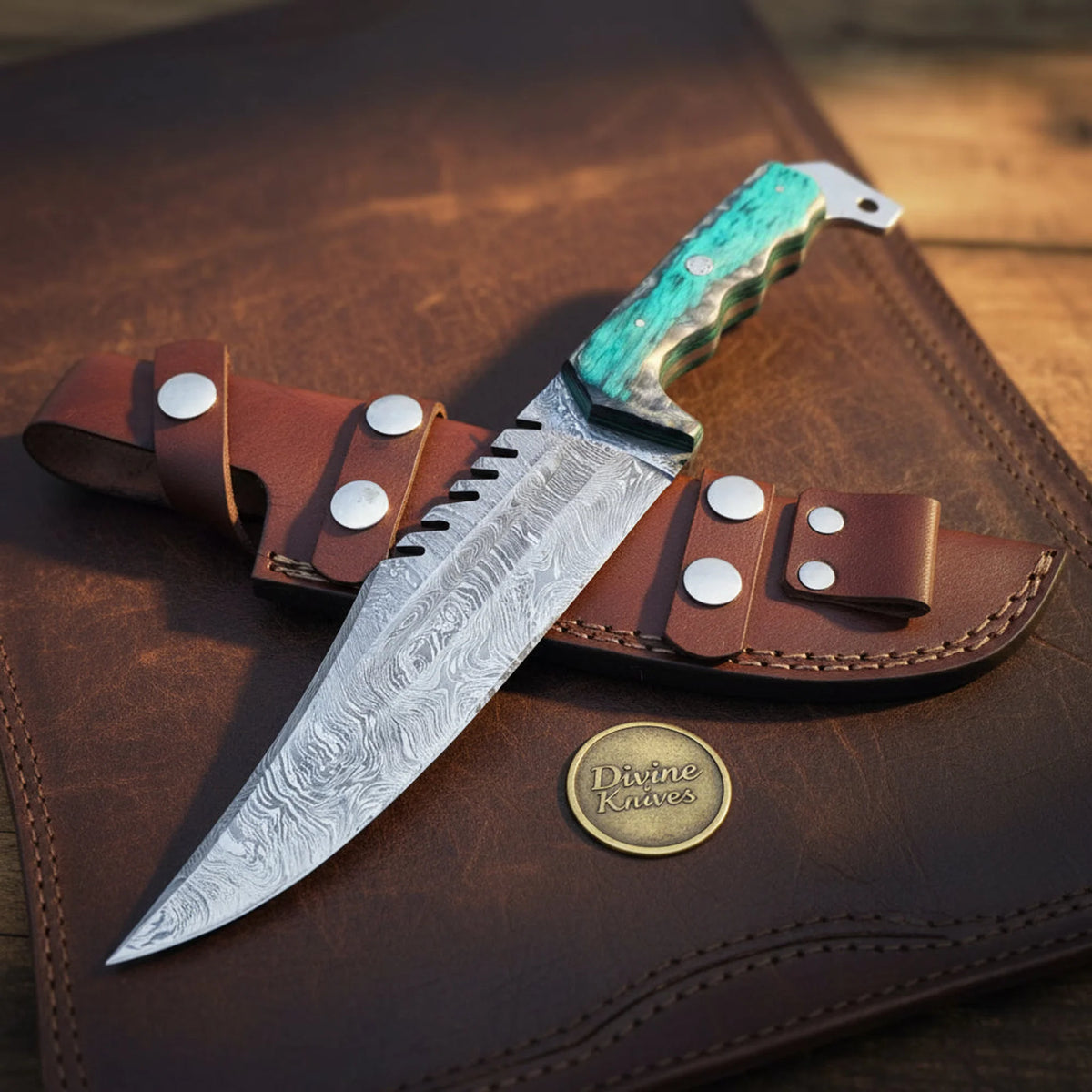 Tealspine Pakkawood Handle Sawback Survival Bowie with Drilled Steel Pommel