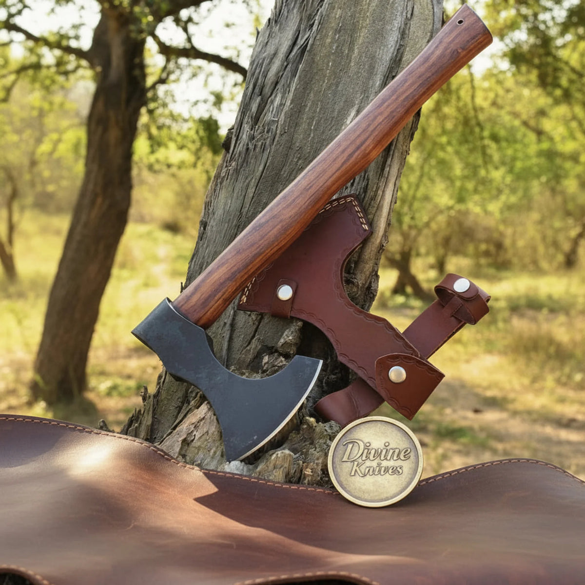 Bushcraft Bearded Camp Axe with Blackened Head and Long Rosewood Handle