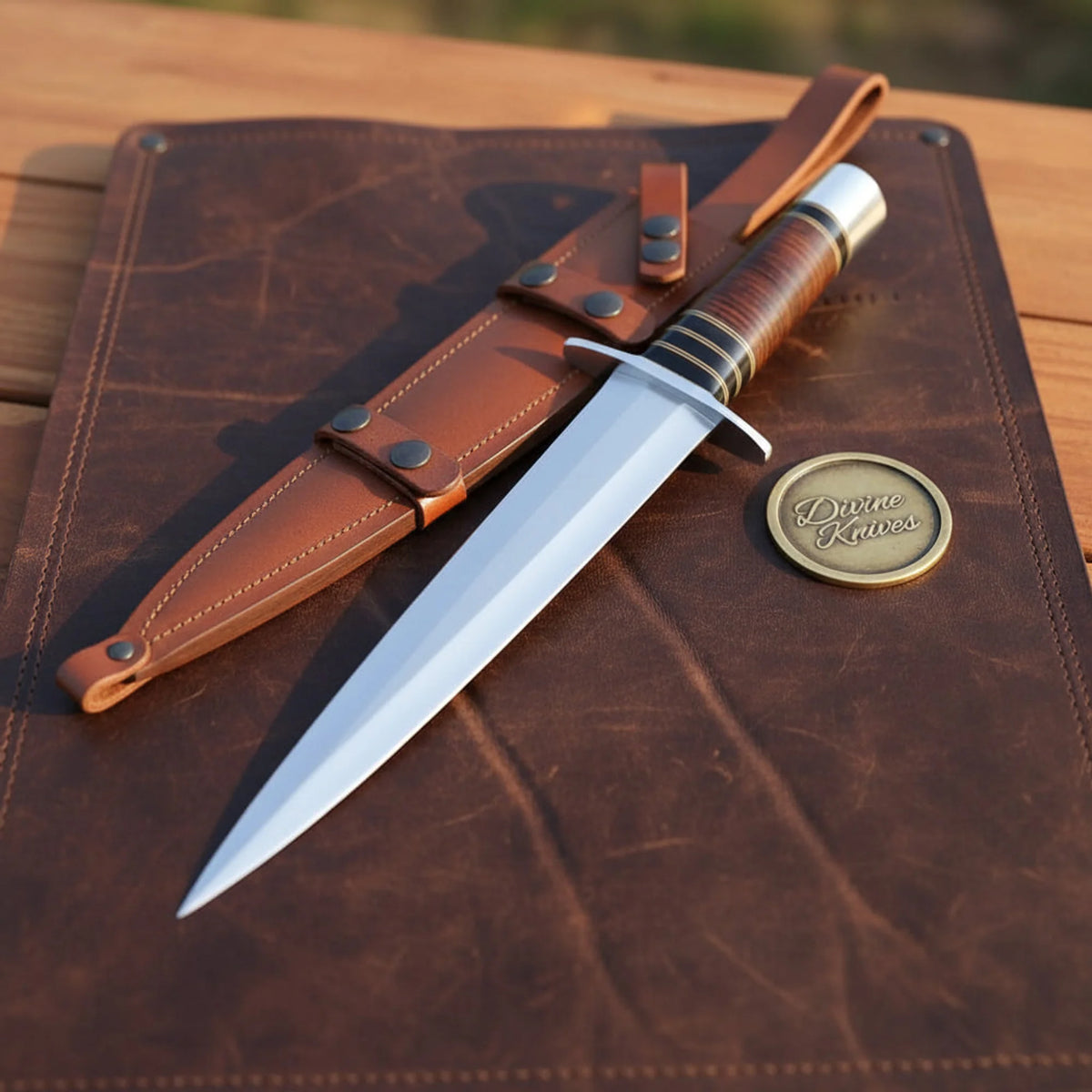 Stacked Leather Handle Dagger with Steel Crossguard and Belt Loop Sheath