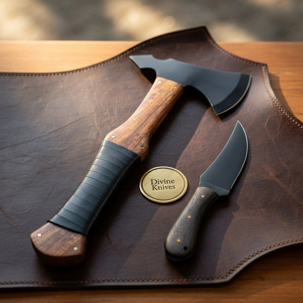Camp Hatchet and Knife Set with Blackened Heads and Tooled Leather Sheaths