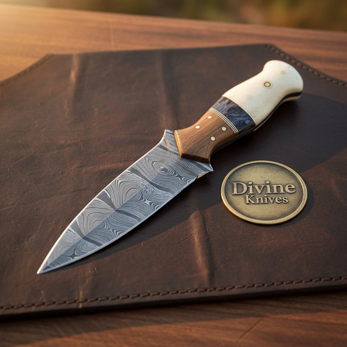 Segmented Bone Damascus Boot Dagger with Segmented Bone and Wood Handle