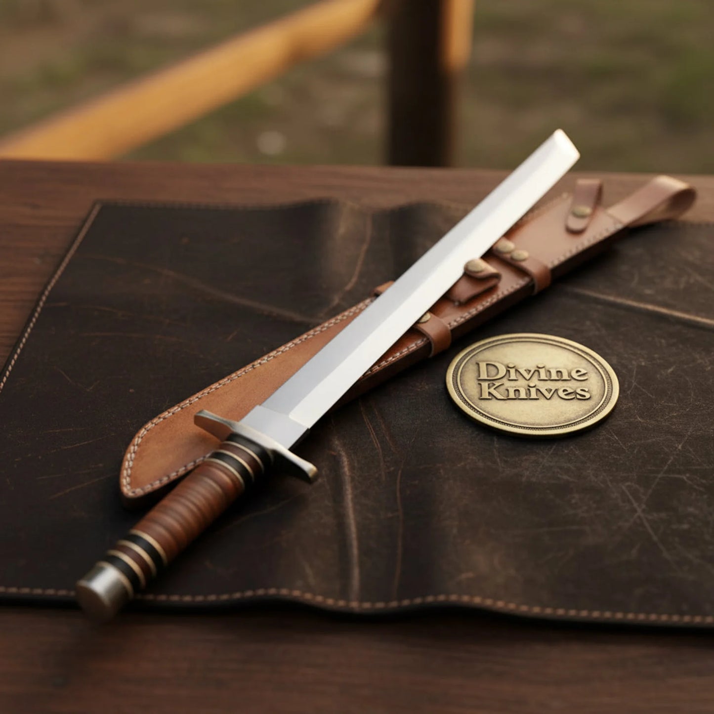 Polished Steel Tanto Sword with Wrapped Handle and Leather Sheath