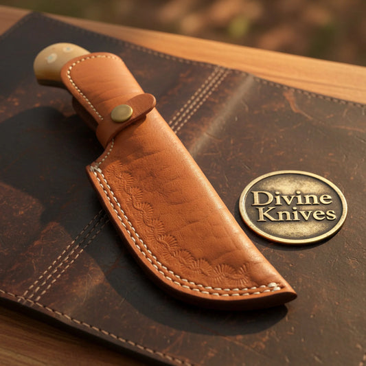 Squared Tip Tracker Knife with Ram Horn Handle and Long Sawback Blade for Camp Use