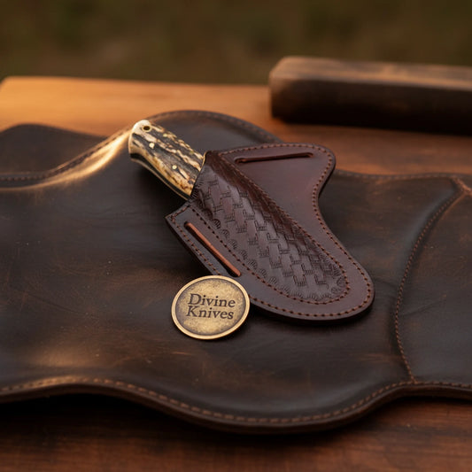 Stag Handle Ranch Skinner Knife with Forged Drop Point Blade and Basketweave Sheath