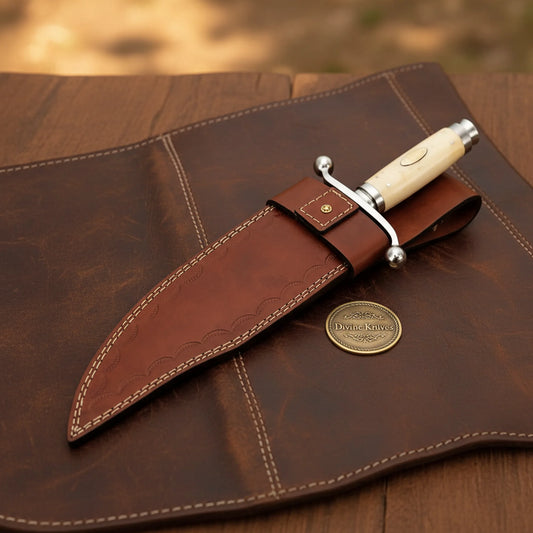 Bone Handle Bowie Knife with Mirror Finished Blade and Hand Stitched Leather Sheath