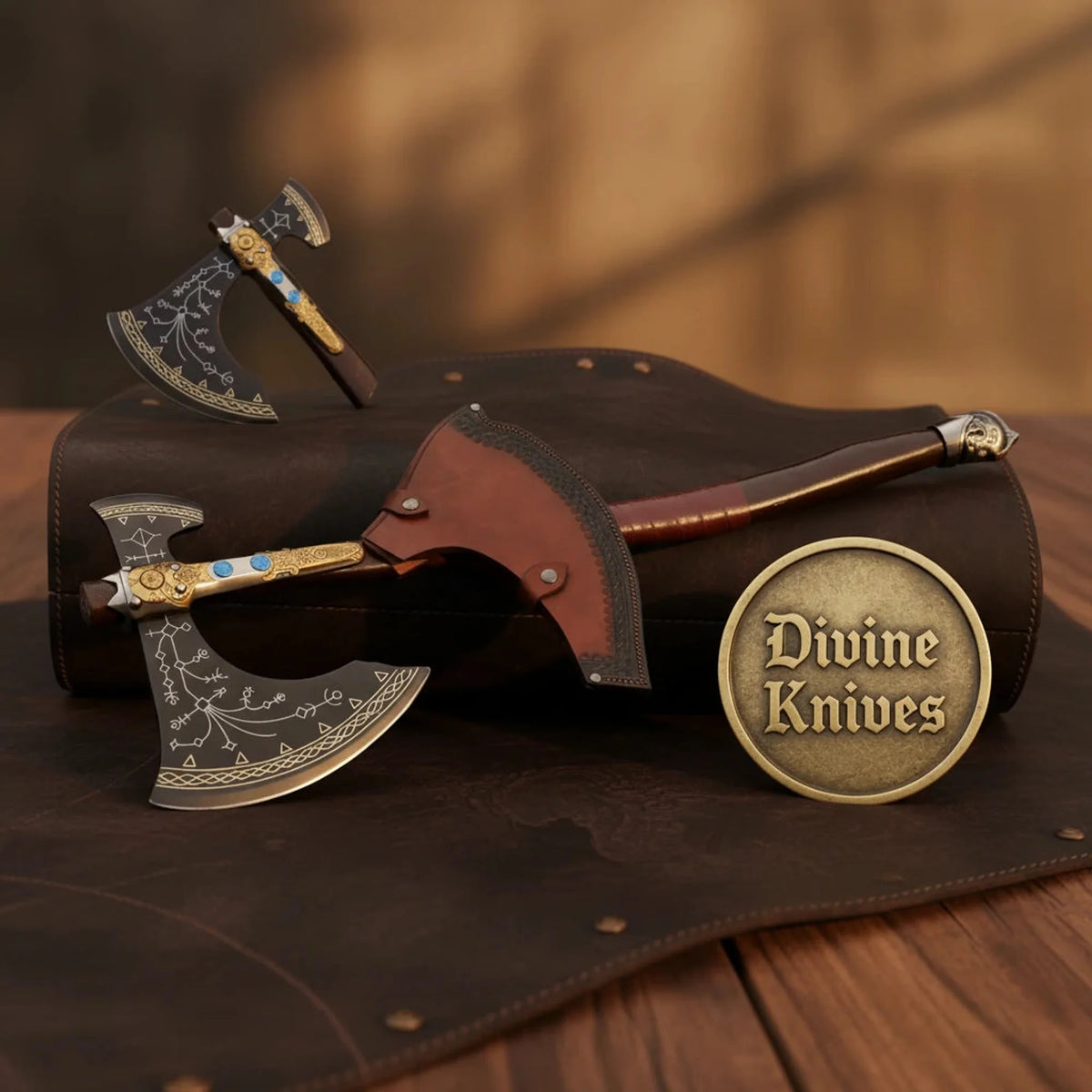 Norse Rune Etched Viking Axe with Gold Brass Bolster & Blue Stone Inlays