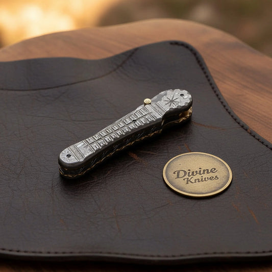 Engraved Damascus Liner-Lock Dagger Folder - Old-World Steel in Your Pocket