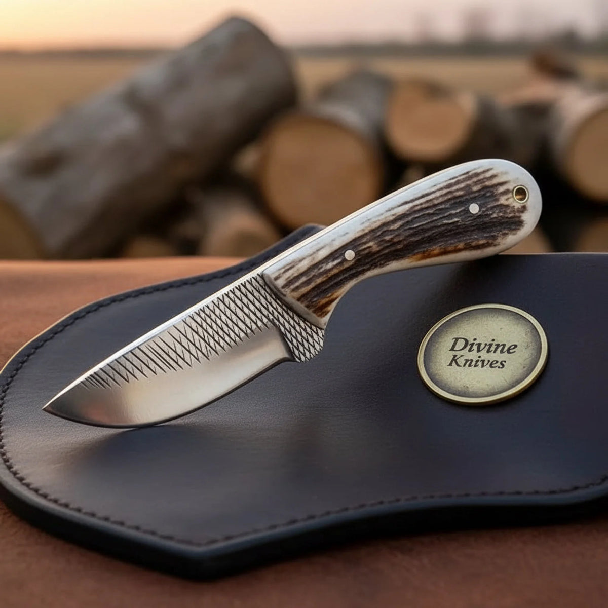 Cross-Hatch Stag Drop Point Hunter Knife for Hunting and Outdoor Tasks