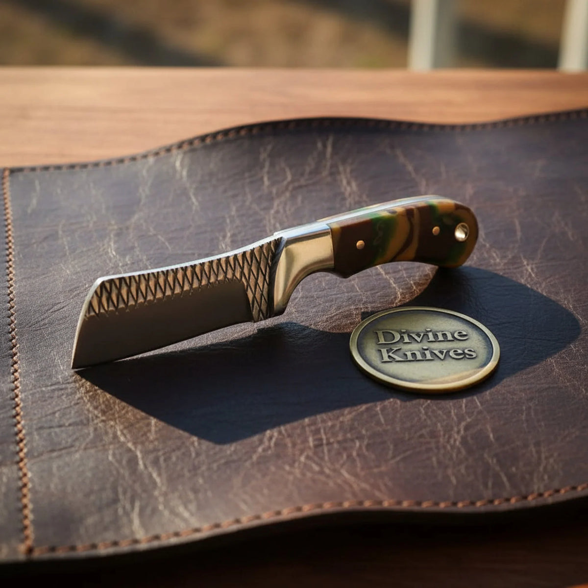Camo Resin Rasp Bull Cutter Knife with Broad Fixed Blade