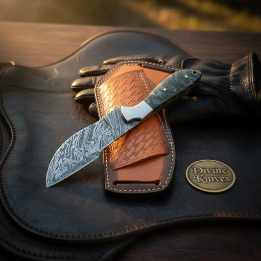 Damascus Charcoal Burl Resin Cowboy Knife with Wood Grain Blade