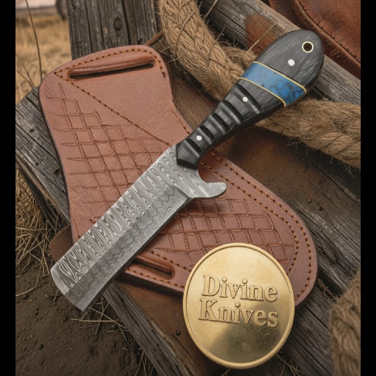 Micarta and Turquoise Bull Cutter with Scale Pattern Damascus Blade