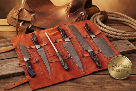 6-Piece Chef Knife Set with Sharpening Rod and Leather Roll Case