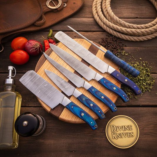 6-Piece Blue Handle Chef Knife Set with Sharpening Rod