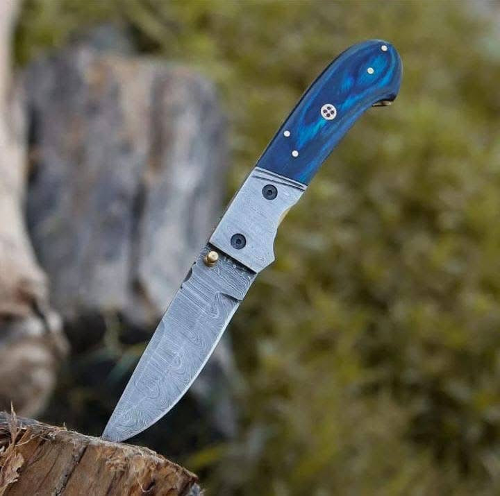Blue Resin Handle Folding Pocket Knife with Patterned Steel Blade