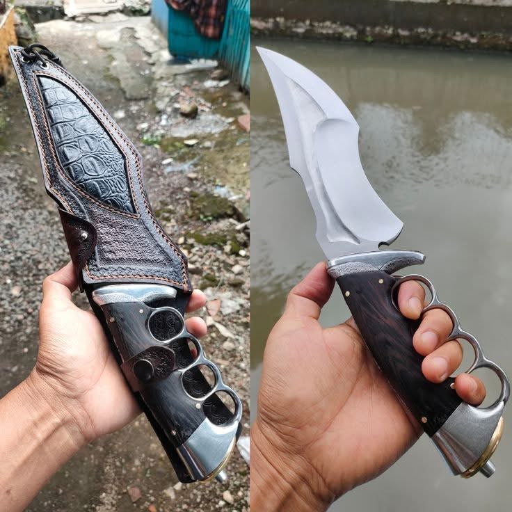 Knuckle Guard Tactical Knife with Croc-Embossed Leather Sheath