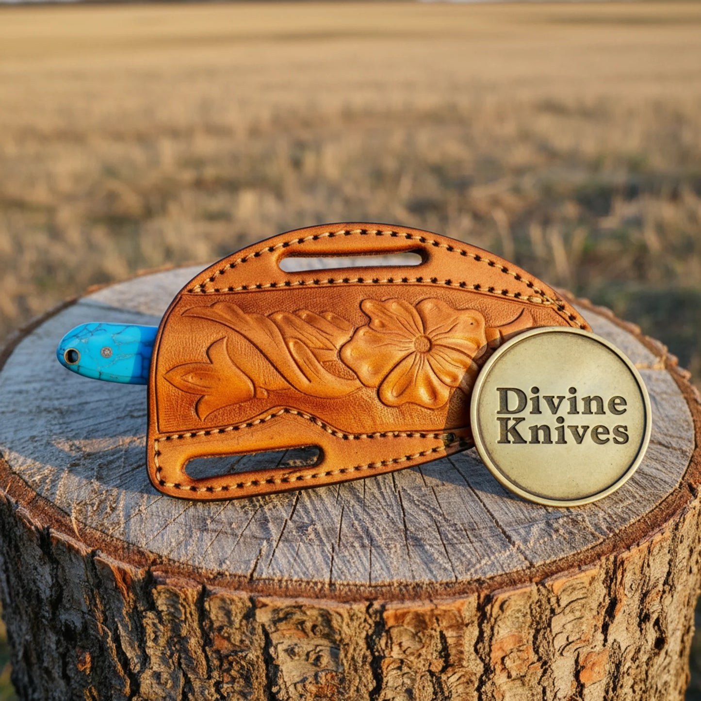 Walnut Handle Damascus EDC Knife with Tooled Leather Sheath