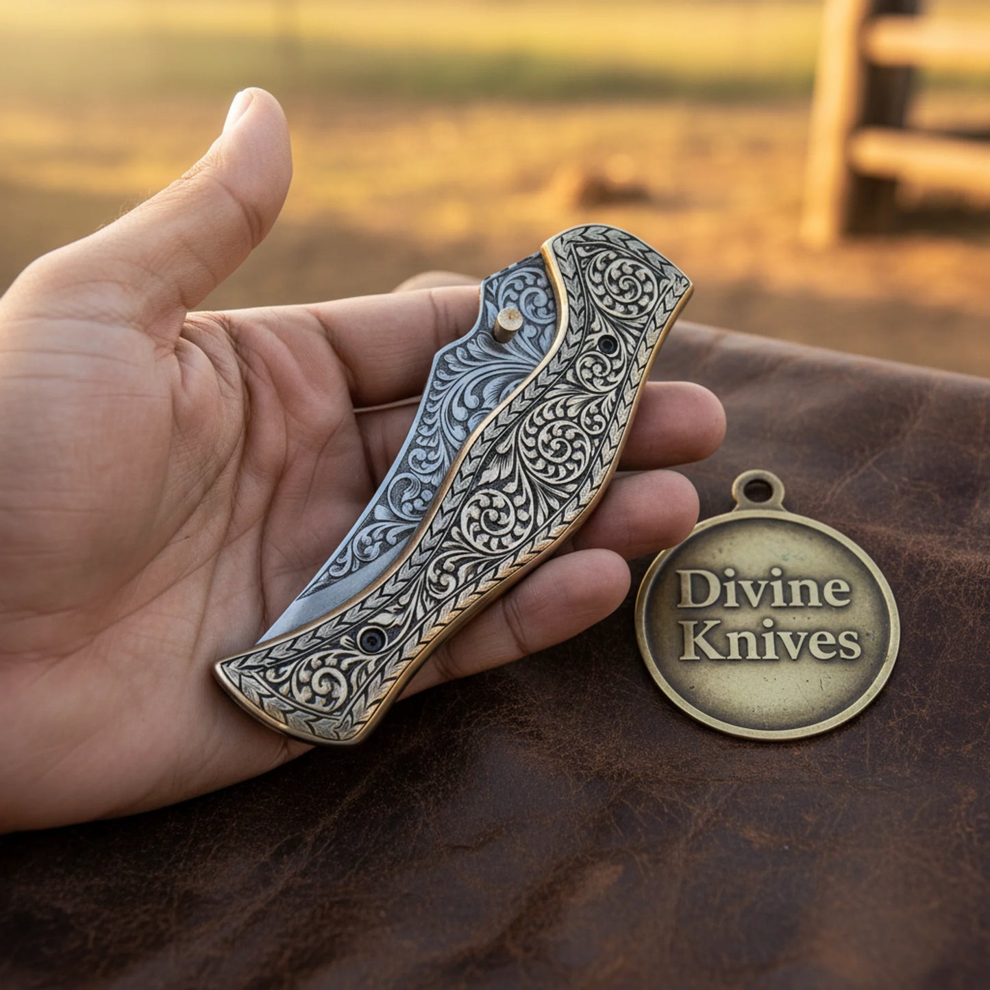 Hand-Engraved Folding Knife with Brass Handle – Handcrafted Liner Lock Pocket Knife, Art in Your Pocket