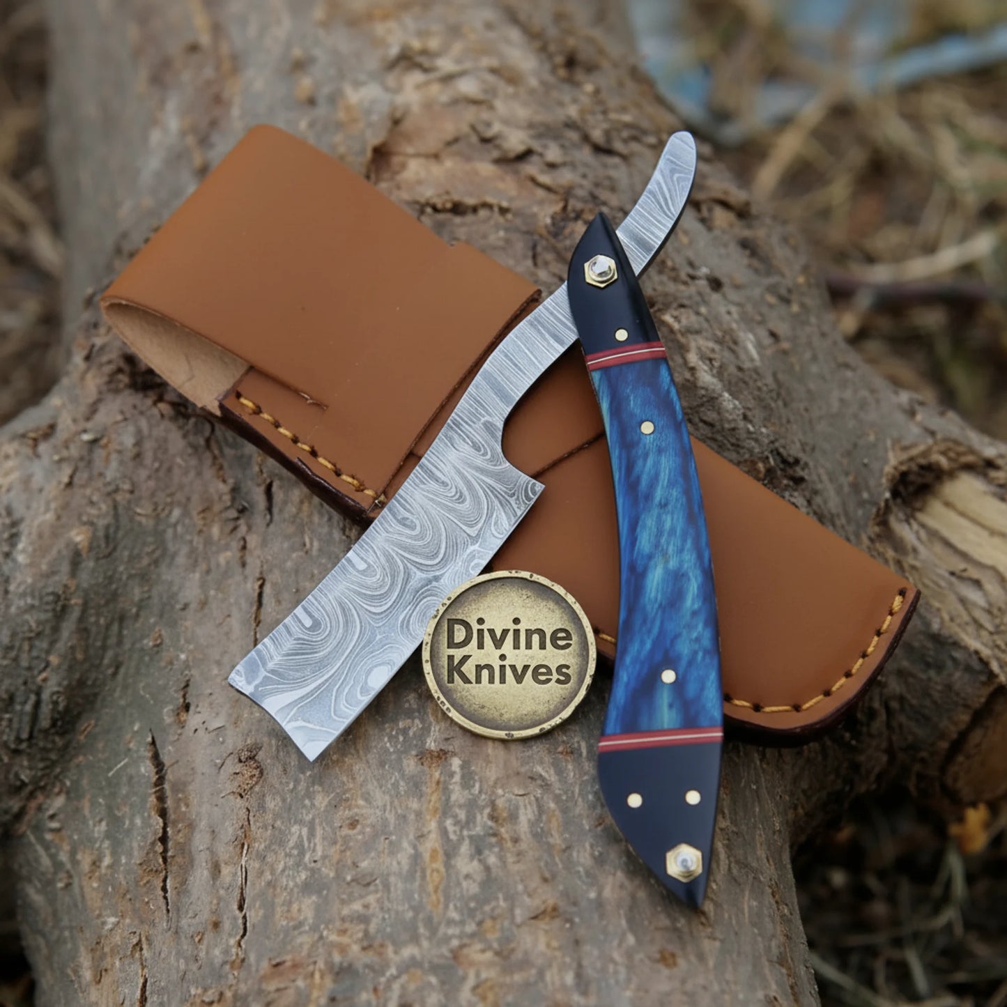 Twisted Damascus Straight Razor with Blue & Black Resin Handle – Handcrafted Cut-Throat Razor