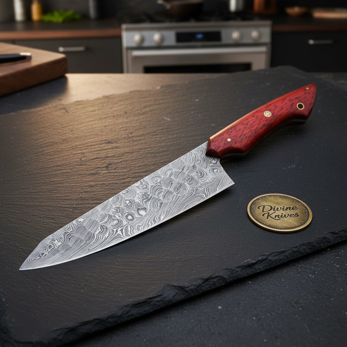 Red Pakka Wood Chef Knife with Hand-Forged Patterned Steel Blade for Everyday Slicing