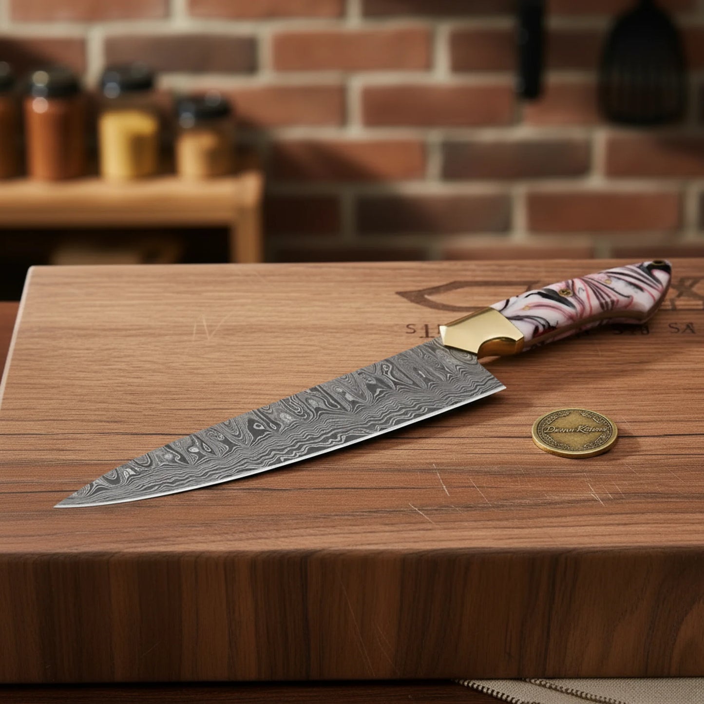 Copper Damascus Chef Knife with Bone Handle – Handcrafted Kitchen & Collector's Piece
