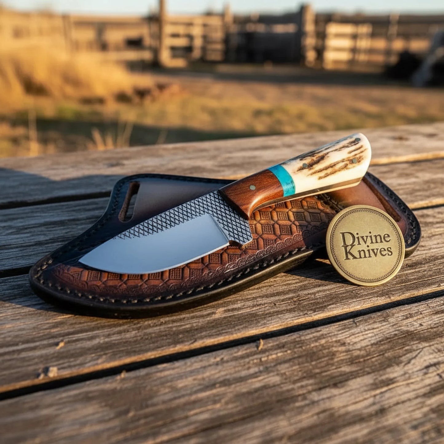 Rosewood, Turquoise & Stag Horn Cowboy Knife with Rasp Steel Blade
