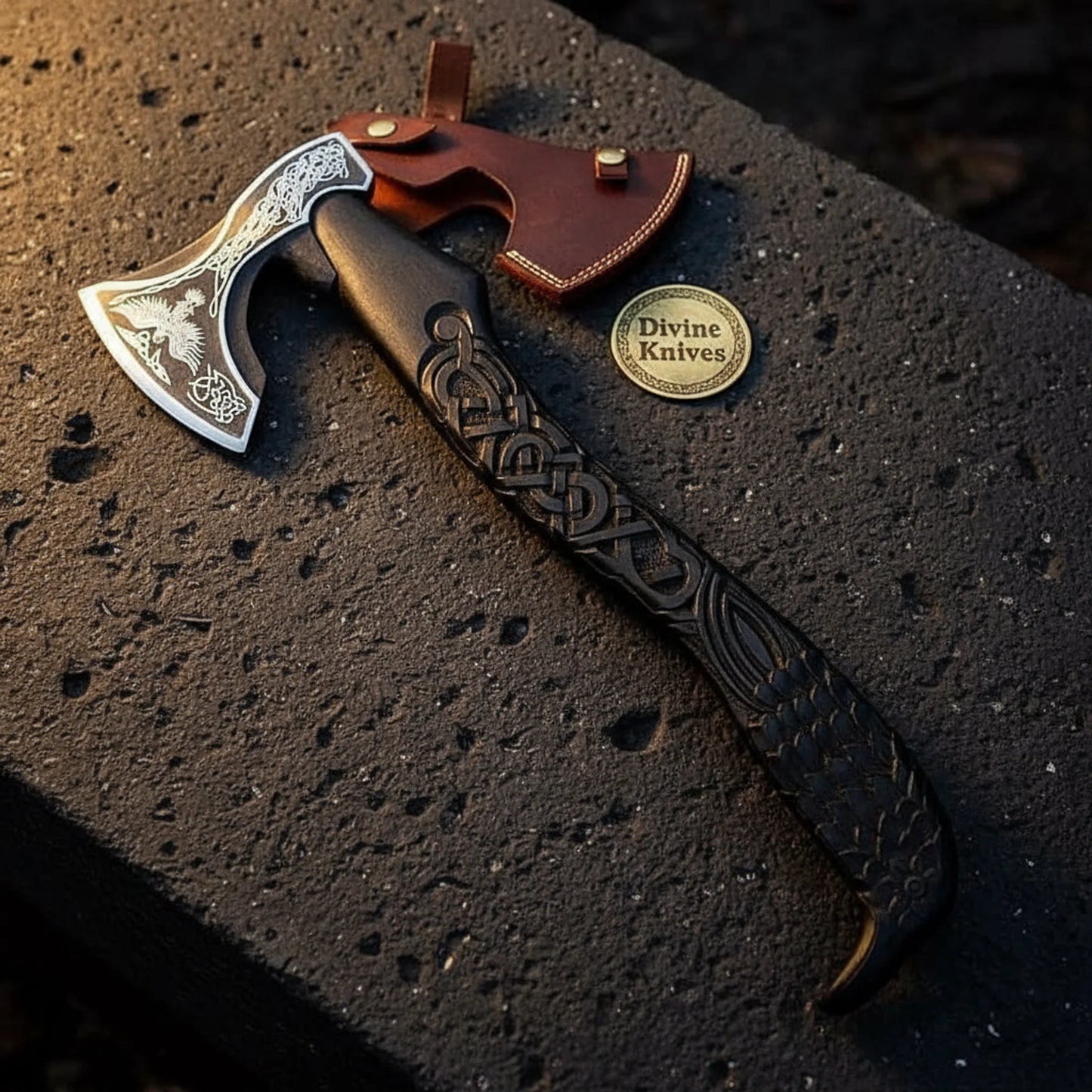 Carved Viking Axe with Raven-Etched Head, Knotwork Handle & Sheath