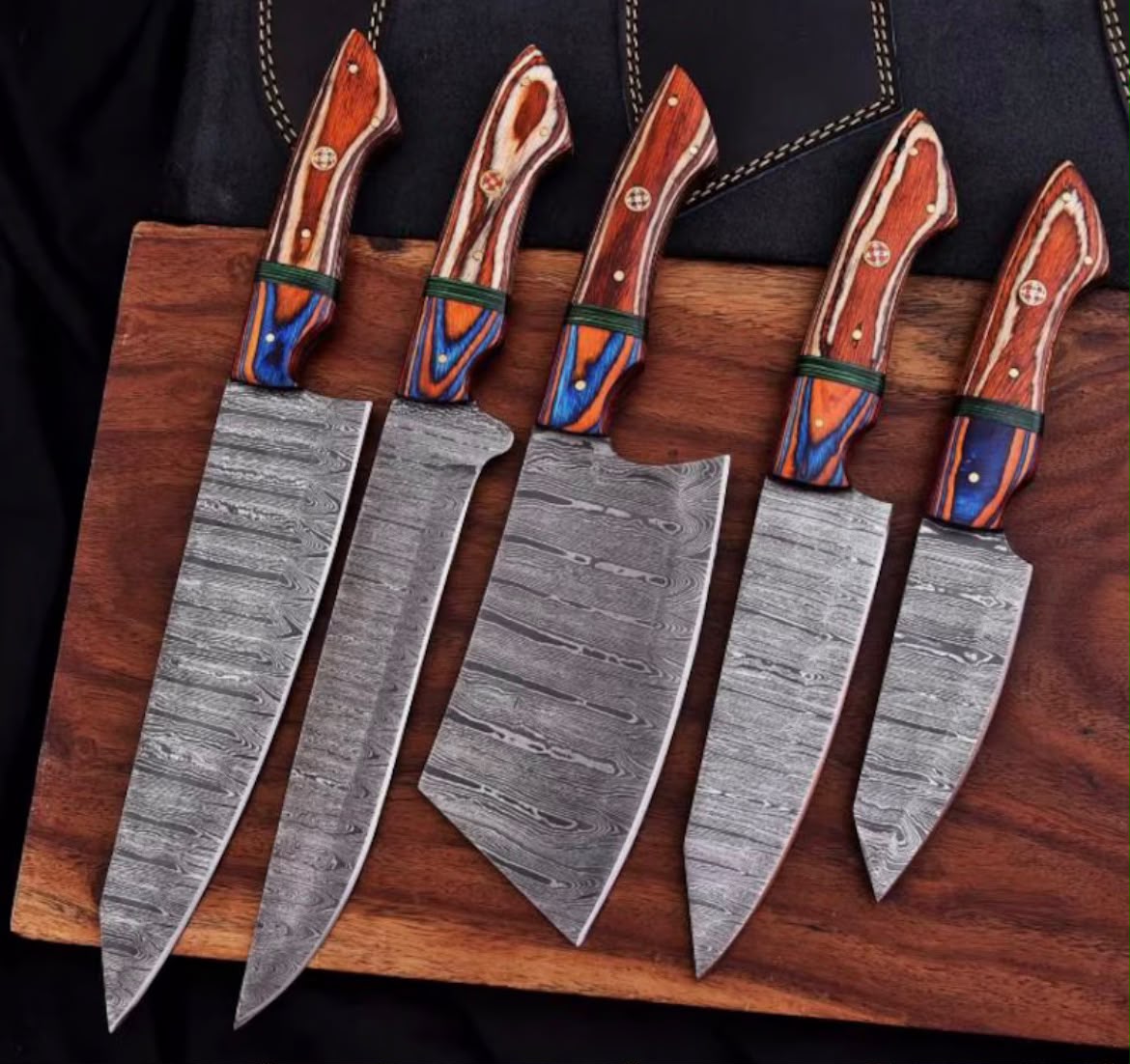 Crimson Vortex Chef Knife Set with 5 Forged Damascus Blades