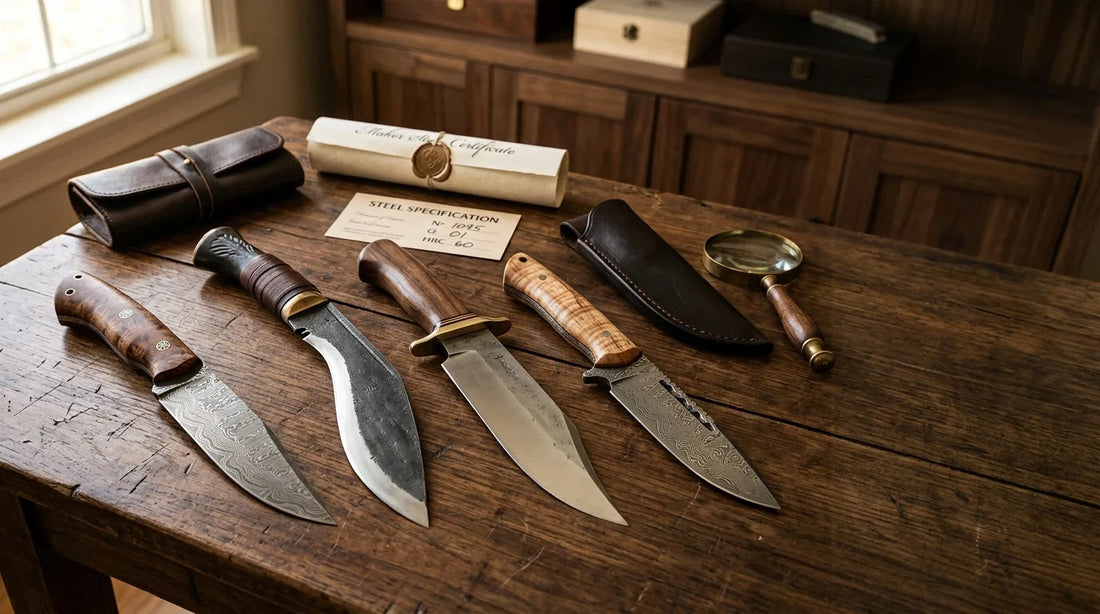 Artisan knife collection with handmade Bowie, Damascus, kukri, and hunting knives