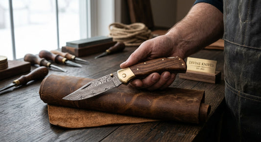 Open Damascus steel pocket knife with a wood handle held in hand