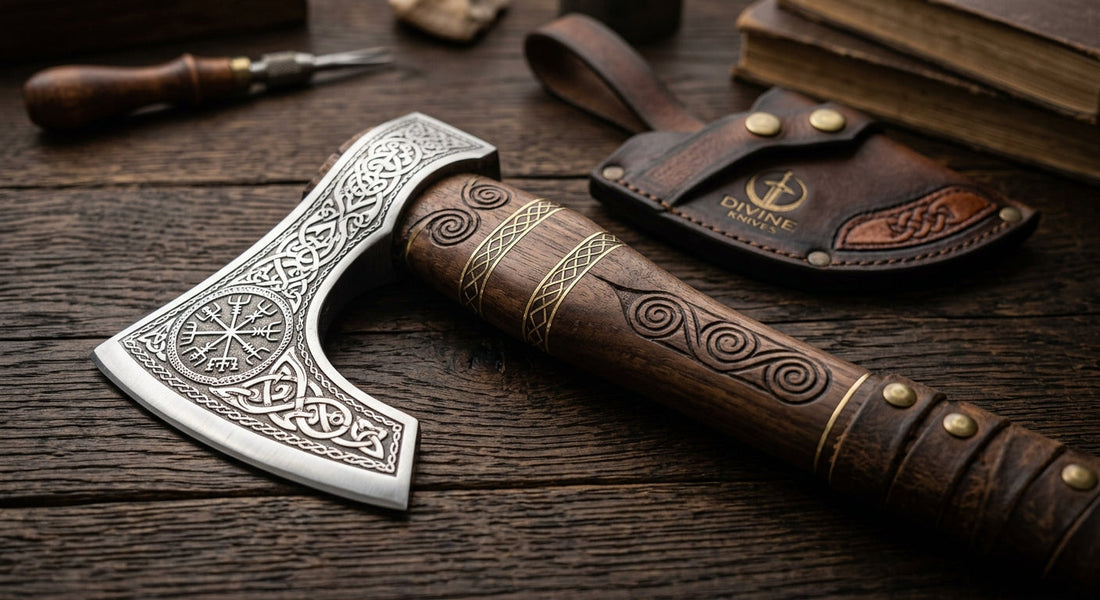 Hand-carved wooden axe with detailed Norse engravings on steel head