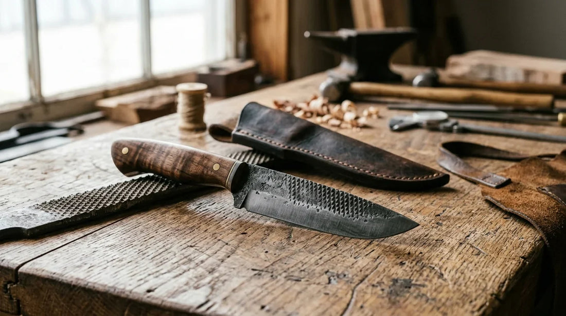 Handcrafted rasp steel knife beside a reclaimed metal rasp