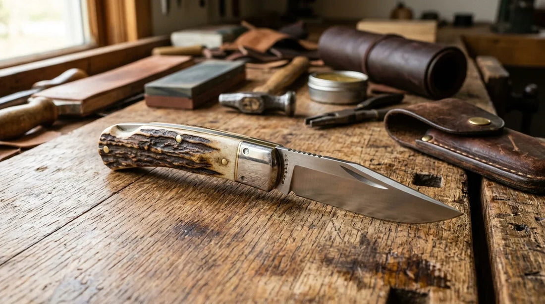 Handmade folding hunting knife with stag antler handle on a wooden workbench