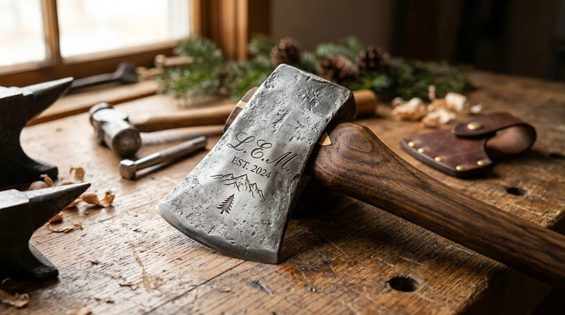 Personalized axe gift for Christmas with handmade engraving and wooden handle