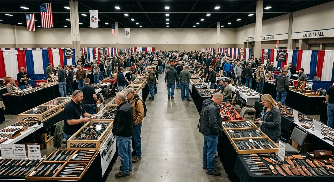 Knife show in the USA with custom handmade knives and exhibitors at a convention