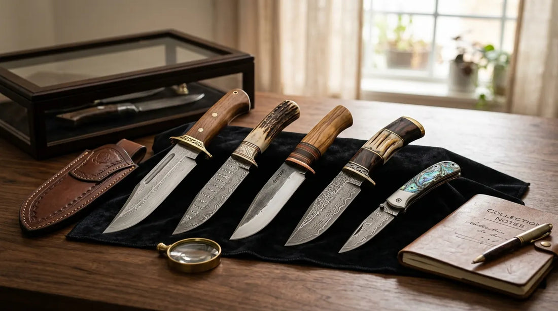 One-of-a-kind knives for collectors displayed with unique handmade and Damascus blades