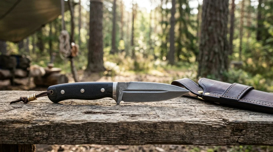Outdoor Spear Point Fixed Blade Knife on a Forest Campsite