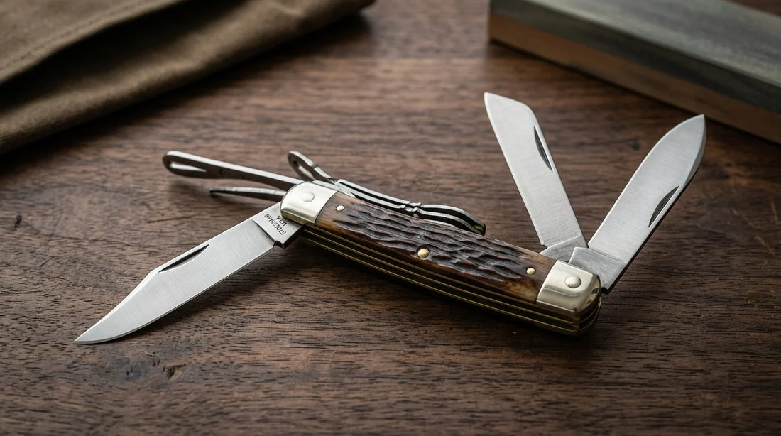 Stockman knife parts including three blades, handle, bolsters and nail nicks